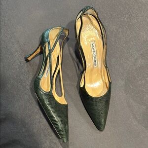 Manolo Blahnik Green Lizard Stiletto Slingback Heels
